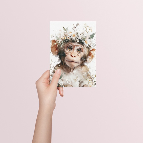 Watercolor Floral Monkey Portrait Wall Art Print Unframed - Playful Jungle Charm - Picture 5 of 6